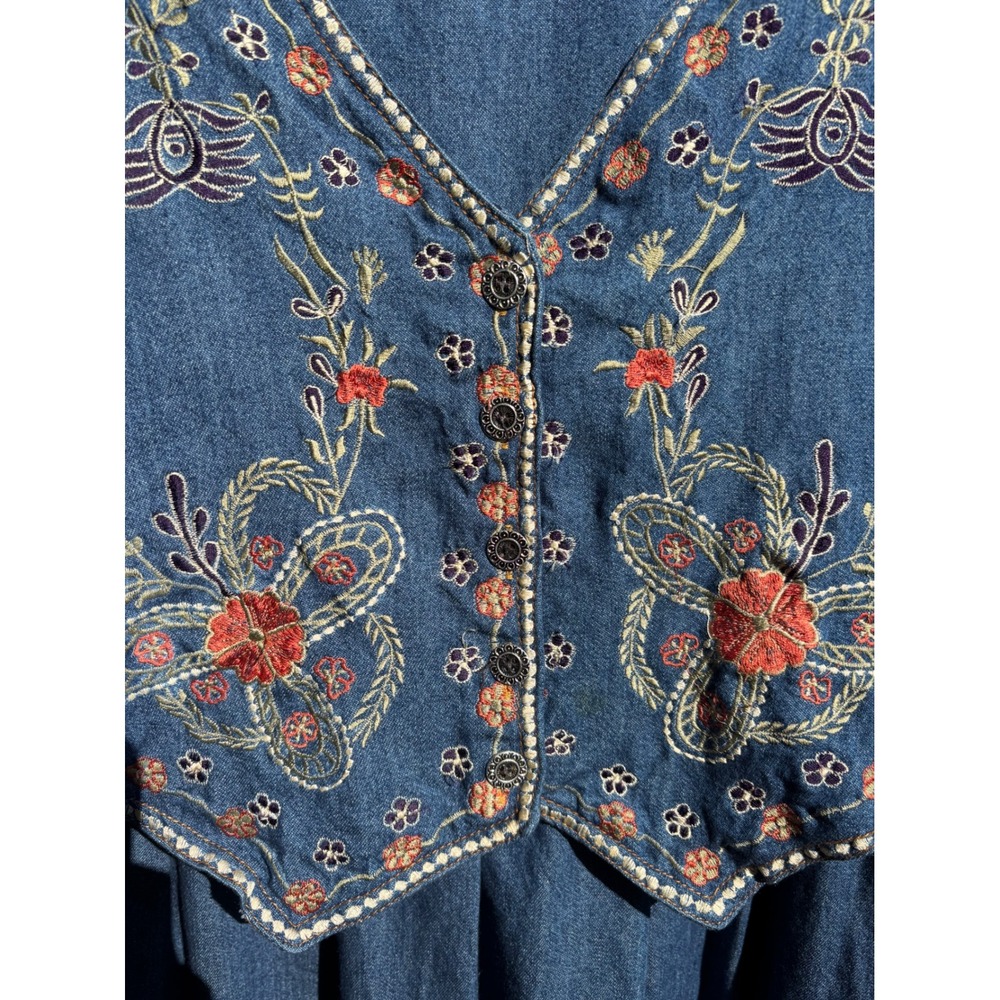 VTG 90's 100% Cotton Soft Denim Embroidered Western Prairie Maxi Dress Size L - Picture 6 of 16